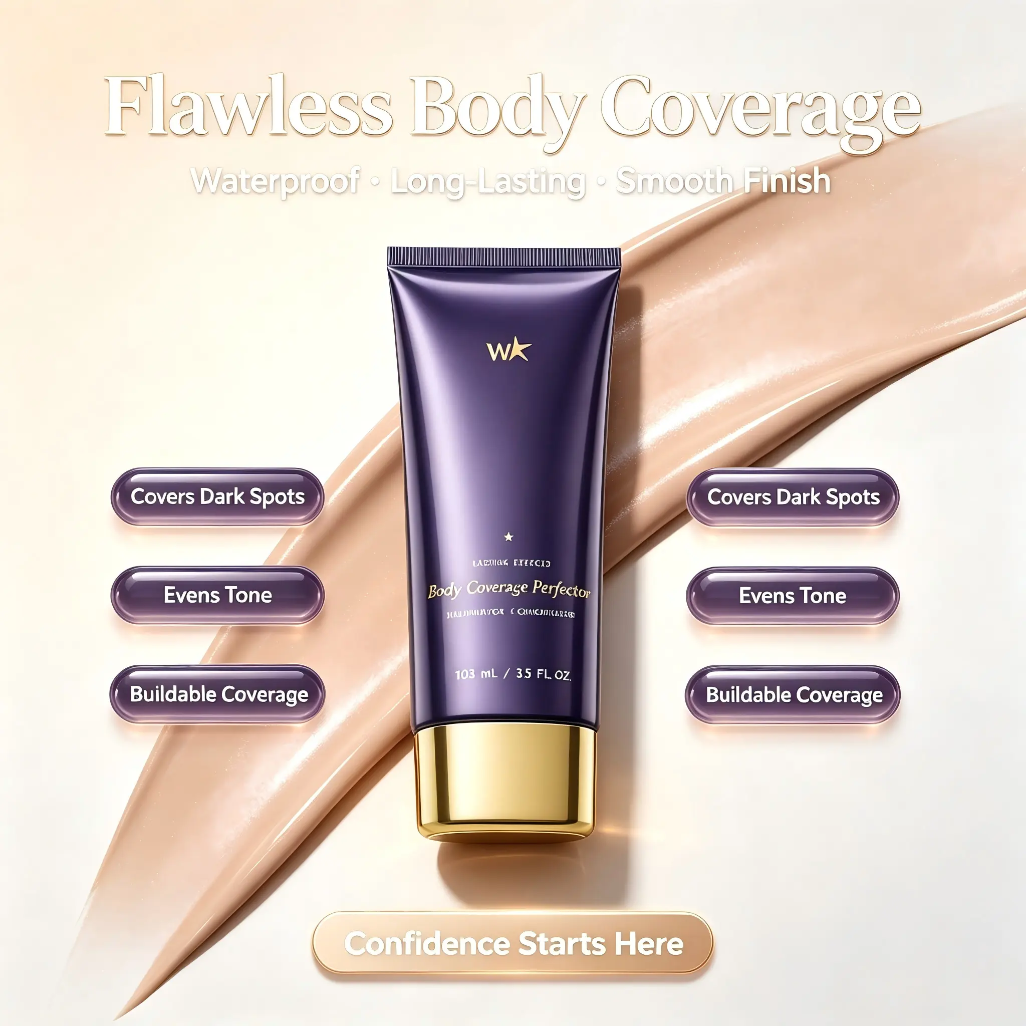 Women's Waterproof Body Coverage Cosmetic Perfector - 3.5 Oz Golden Radiance Leg & Body Makeup/Bronzer, Blendable Smoothing Radiant Buildable Shades Tattoo Cover Up Concealer, 3.5Oz