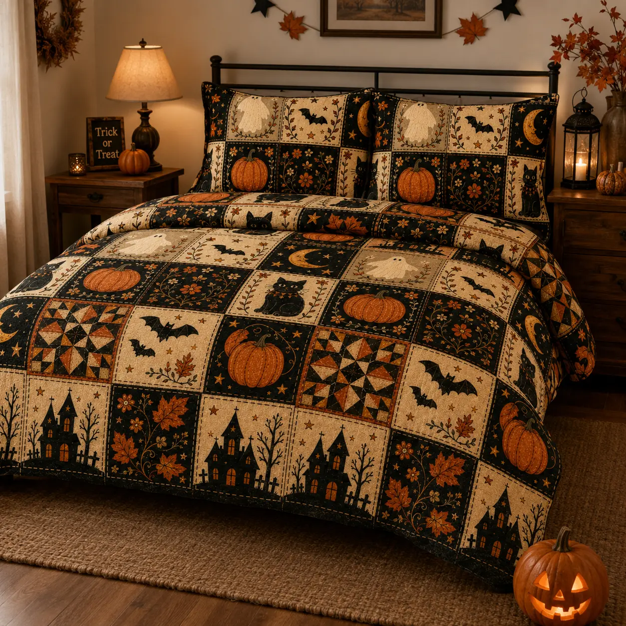 Halloween Sheet Set Queen - Black Cat Pumpkin Bedding 4 Piece, Soft [Material] Bed Sheets with Deep Pocket Fitted Sheet, 2 Pillowcases Flat Sheet, Spooky Cute Bedroom Decor for Women