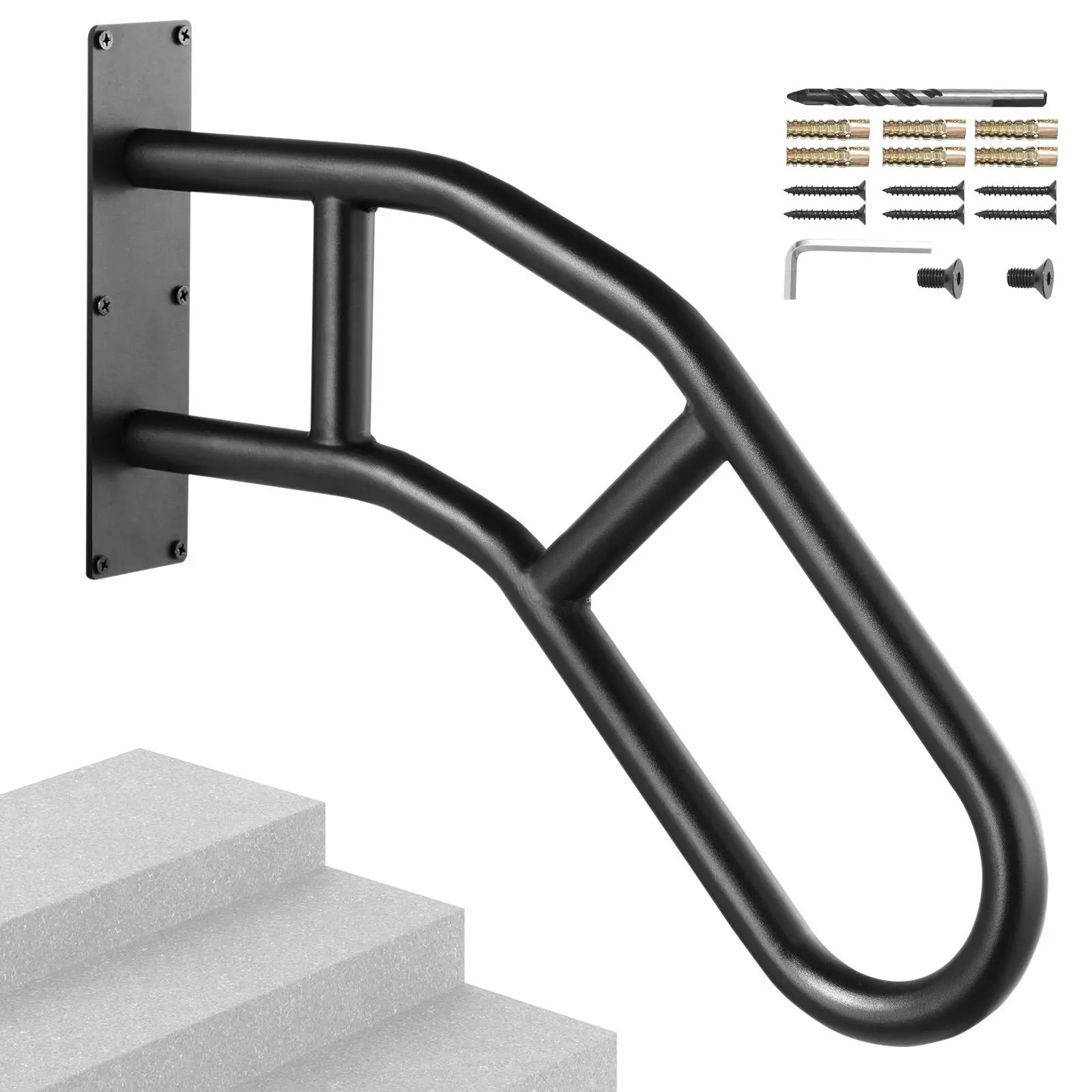 VEVOR Handrails for Outdoor Steps,  32" Length Wall Mount Safety Railings for 1-3 Steps, U-Shaped Handrail with Matte Black Finished, Stair Handrails for Kids, Elderly, Pregnant Women, Disabled