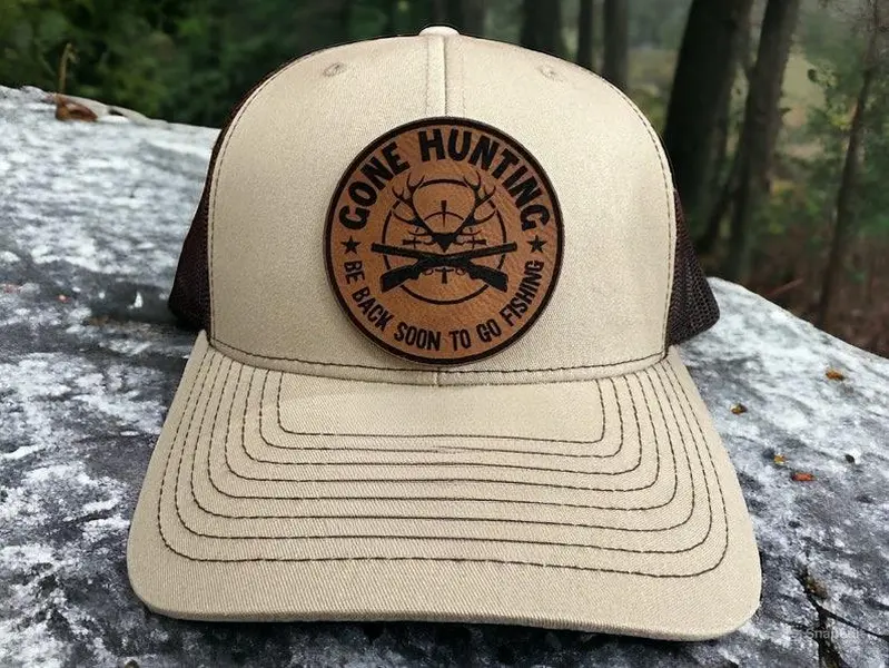 Gone Hunting Leather Patch Hat, Funny Outdoor Sports Cap, Fisherman Weekend Gift Idea, Rustic Nature Explorer Hat, Camouflage Cabin Style Headwear