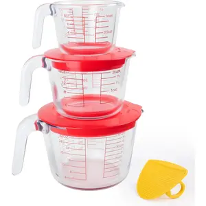 6 Pcs Glass Measuring Cups Set with Lids (Strainer Included) - 1-Cup/2-Cup/4-Cup Nesting Jugs with Easy-Grip Handles for Kitchen Liquid Measuring
