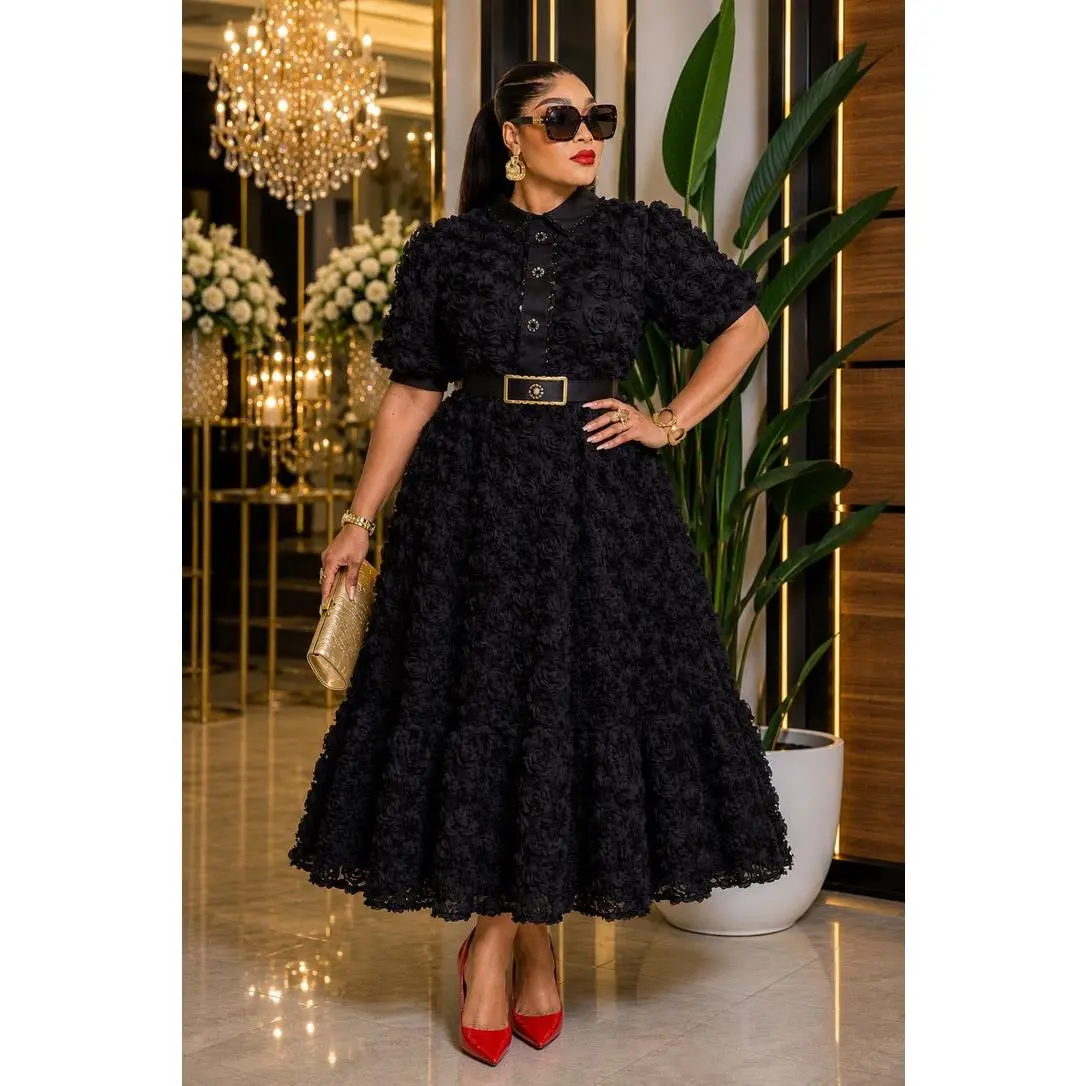 Dramatic 3D Flower Pleated Twirl Swing A-line Midi Dress for Black Tie Attire Wedding Guest Cocktail Reception Church Birthday Party Outfit