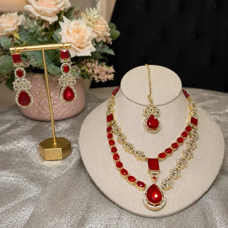 Pakistani/Indian Traditional Necklace Set with Gemstones and Gold Accents for Special Occasions Red White Pink Jhumka Earrings Matha Tikka