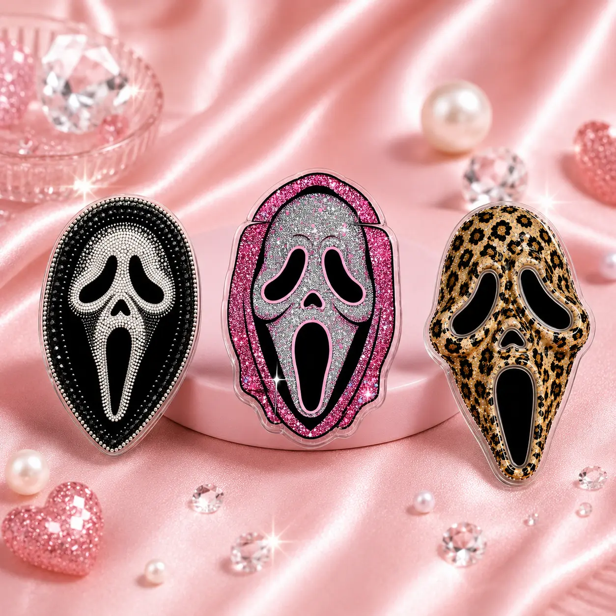 Spooky Mask Phone Grip, Pink Glitter Rhinestone Leopard Magnetic Phone Holder Stand, Gothic Horror Halloween Phone Accessory