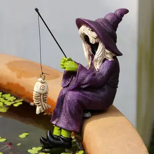 Fishing Witch Design Garden Decor, 1 Box Creative Halloween Themed Garden Water Feature Decoration, Hand-painted Antique Resin Craft Gift, Garden Sculptures Statues