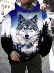 Men's Wolf Print Graphic Print Hoodie with Kangaroo Pocket, Casual Fall & Winter Pullover, Polyester Blend, Comfortable Loose Fit