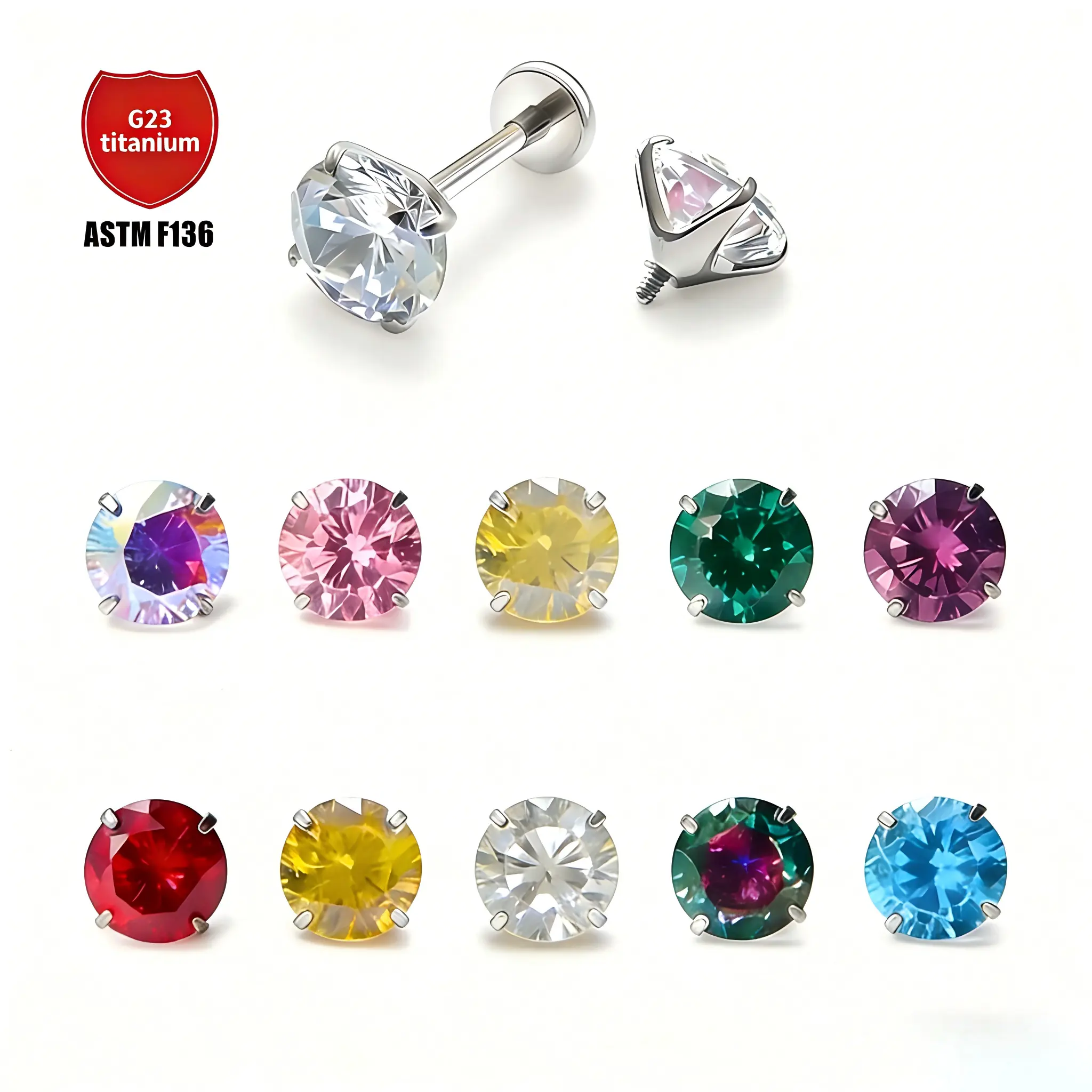 ASTM F136 Titanium Alloy Ear Pin Lip Pin Jewelry Set, 5/10 pieces, 18G 1.0mm 8mm straight-through internal threaded rod, red crystal-set thick ear pin, lip pin, tongue pin, for ear lobes of sea snail cartilage, anti-oxidation human jewelry Nose Piercings
