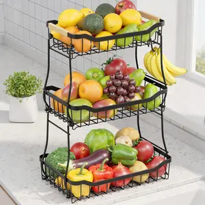 2/3 Tier Square Metal Fruit Basket for Kitchen Counter, Stackable Fruit and Vegetable Storage Basket with Open Wire Design for Air Circulation, Large Capacity Countertop Organizer for Fruits, Snacks, Bread, Produce Storage, Modern Kitchen Decor