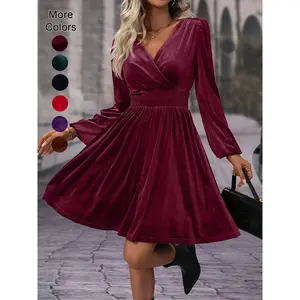 Women’s Velvet Satin Dress, Cinched Waist, Lantern Sleeves, Slimming Design, Party Wear, Premium Feel, Spring & Autumn Fashion