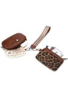 Fashionable casual leopard print wrist bag, pendant-style two-bag combination, solid color zippered bill wallet and coin purse, compact and lightweight card holder, easy to organize, a must-have for daily outings, Dual Pouch Wristlet, Wallets Women