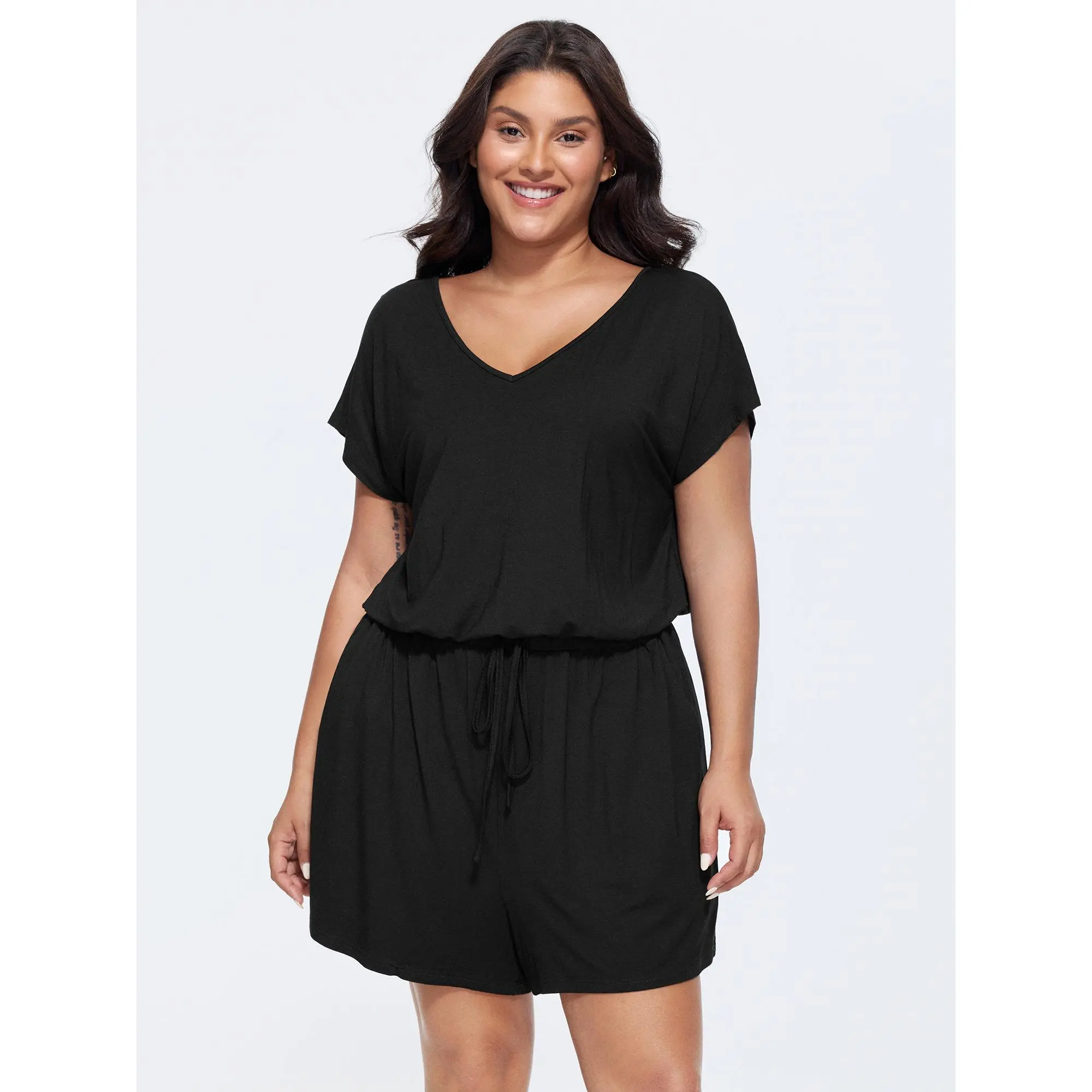 BloomChic Women's Plus Size Spandex Mix Short-Sleeve V-Neck Overalls - Solid Basic Rayon Fabric, Drawstring Waist, Minimalist Fit, Breathable, Cold Wash, Everyday Casual Summer Romper, Plus Size Tummy Flattering Clothes, Cut-Out Detail, Soft