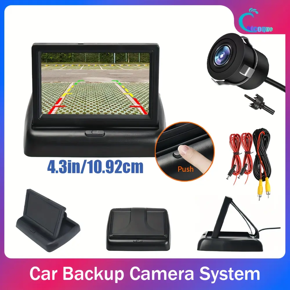 Foldable Display with 4.3-inch Monitor Wired Backup Camera System, Back Up Camera for Cars, with Perforated Car Rearview Camera - Easy installation for sedans, SUVs - HD display with wide-angle lens enhances reversing safety