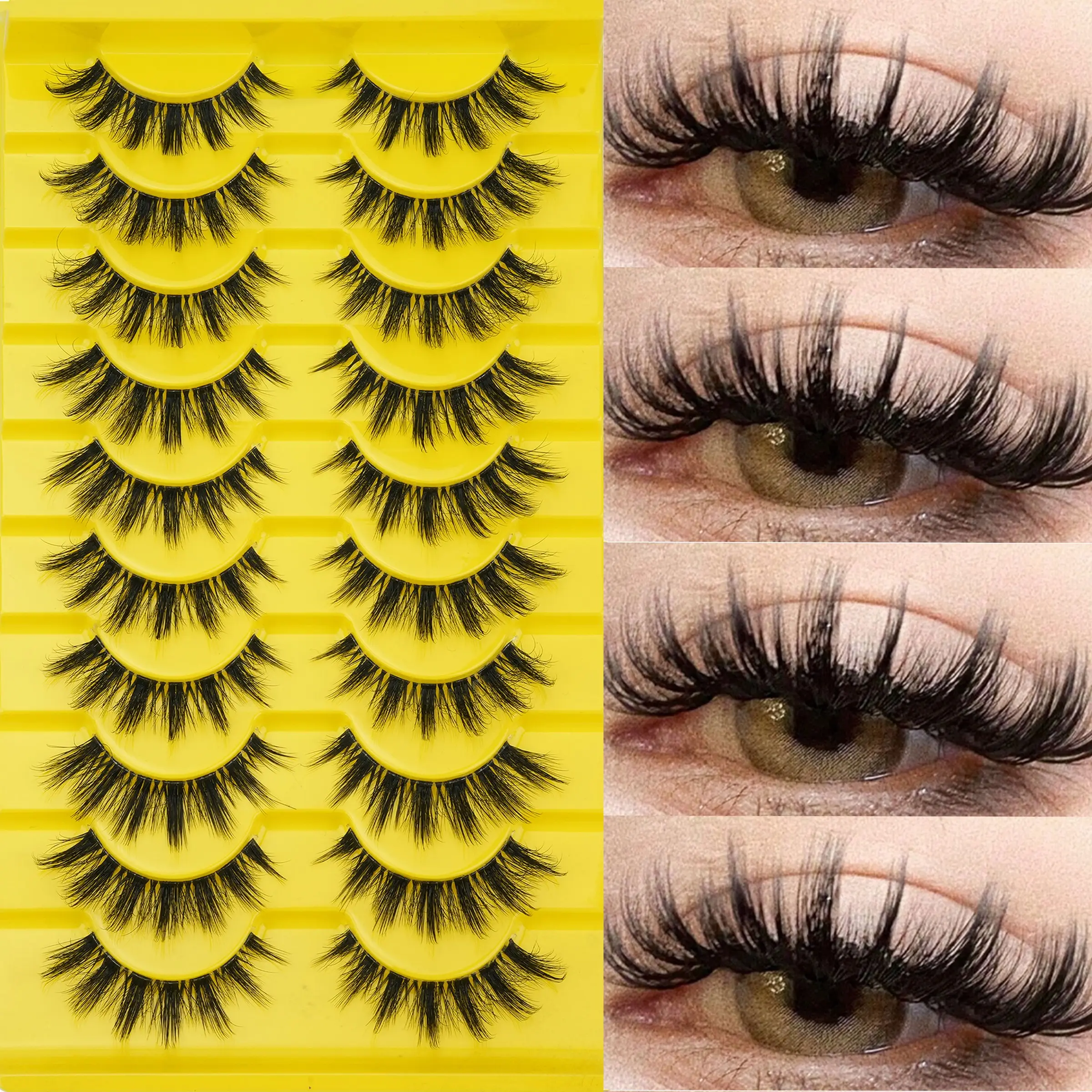 10 Pairs Natural False Lashes, Lightweight Voluminous Soft Russian Roll D Curl, Reusable for Makeup, Cosmetic, Dates, Parties, Travel, Holidays