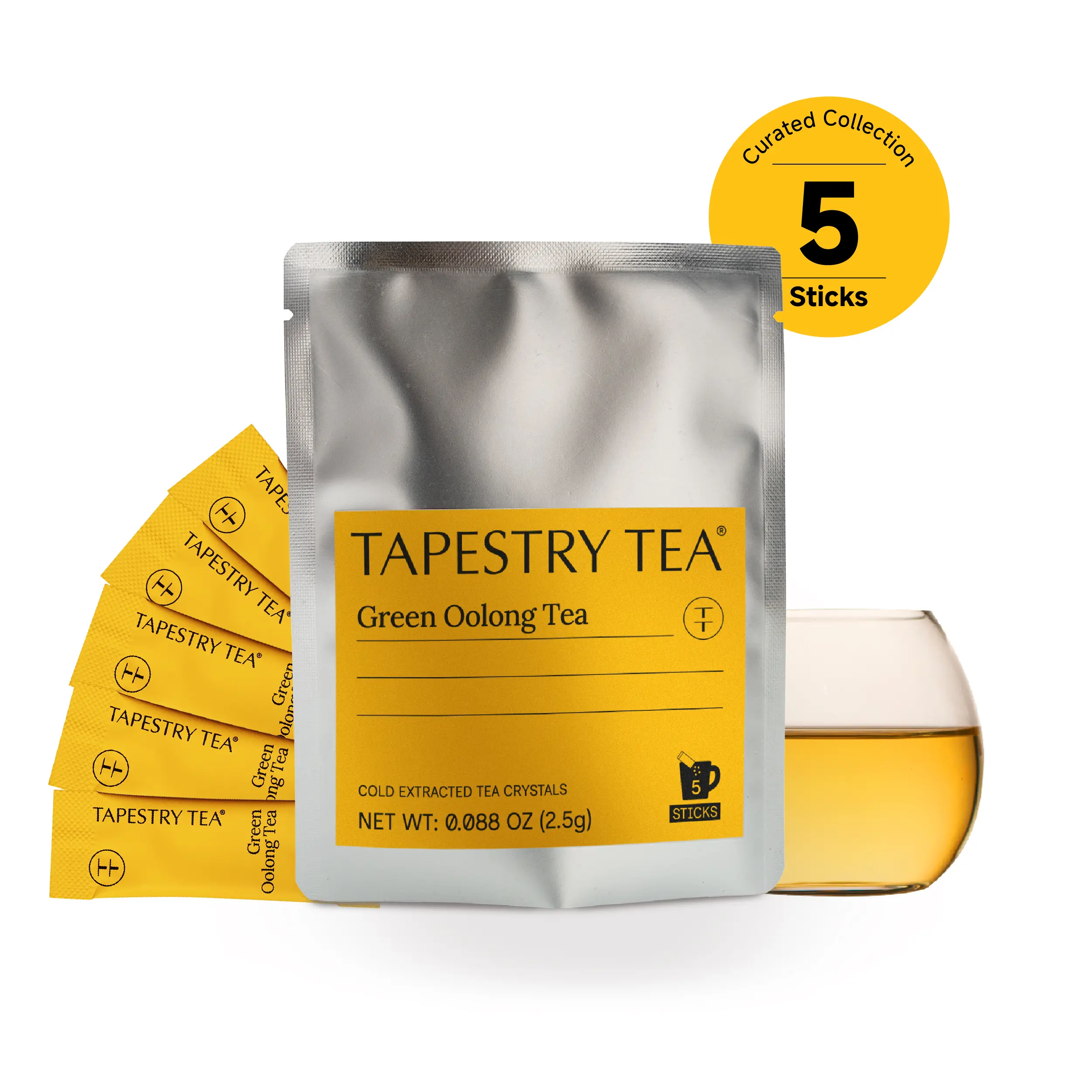 Tapestry Tea Premium Green Oolong Tea Crystals Travel Pack | Floral Orchid Notes & Smooth Taste | 3 Seconds to Everyday Energy | Hot or Cold Brew | 100% Whole Leaf Cold-Extracted Instant Tea Powder | 5 Sticks