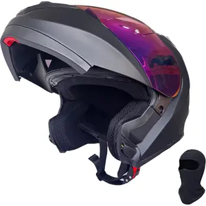 Adult Motorcycle Modular Flip-Up Helmet - DOT Approved, ABS Shell, Breathable Vented Design, Street Racing Crash Helmet with Flip-Up Color Visor, Includes Balaclava Accessory - Matt Black