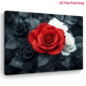 2D Flat Printing 1 Piece Wooden Frame Canvas Oil Painting, Red Black White Rose, Vintage Floral Print, Living Room Bedroom Kitchen Home Office Wall Art Decoration, Christmas Gift for Her/Him, 11.8inch * 15.7inch