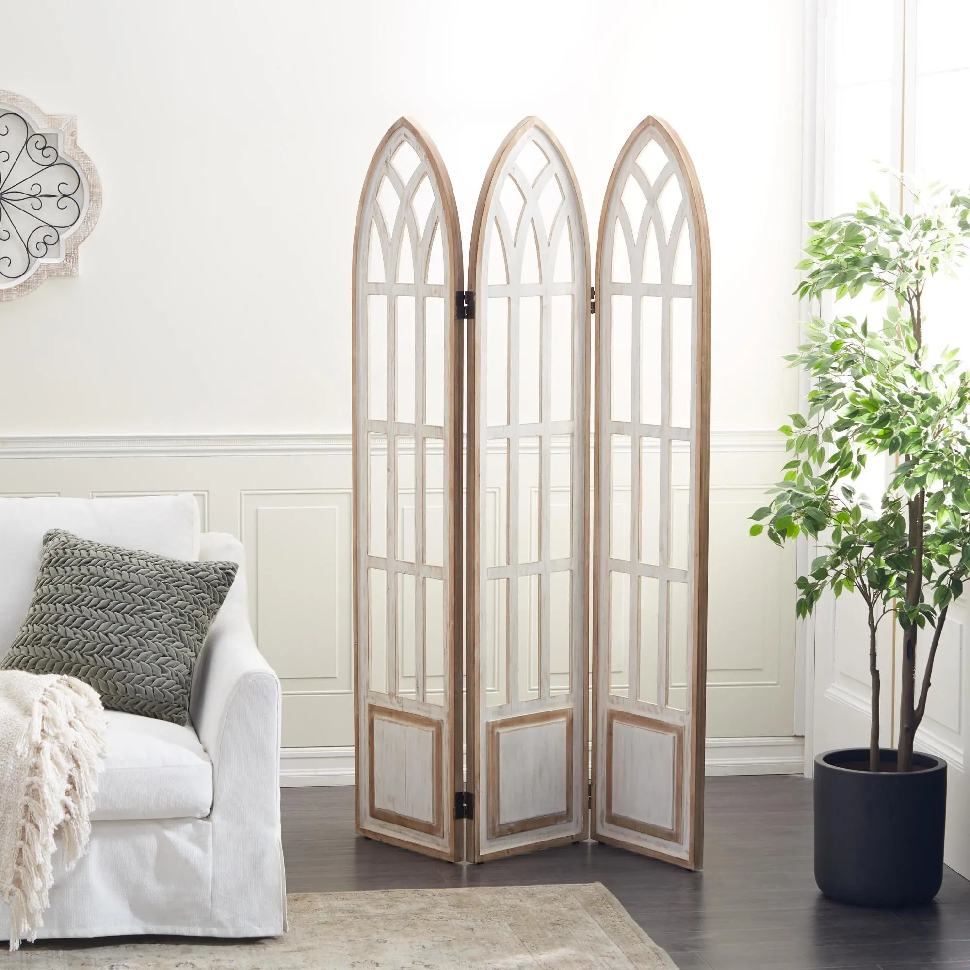 3-Panel Wooden Room Divider Screen, Iron-Hinged Foldable Arched Partition with Window Pane Details, Country Cottage Style, 48l x 1.50w x 72h Inches Arched Shape with Squares, Farmhouse Themed Home