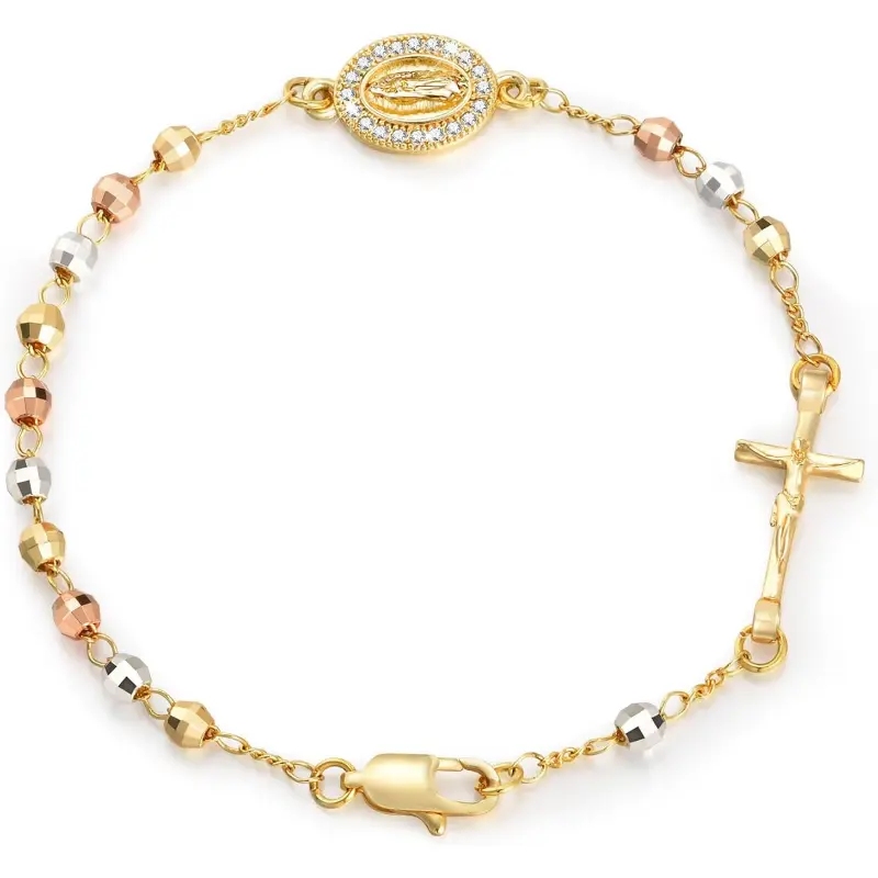 14K Gold Plated Catholic Crucifix Rosary Bracelet for Women Virgin Mary Jesus Cross Charm Link Chain Religious Gift for Confirmation Baptism, High Quality Bracelet, Gold Bracelets,summerwins