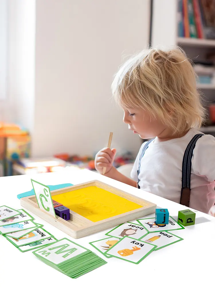 Wooden alphabet sand tray for educational sand painting, writing practice, early math learning, alphabet recognition, preschool writing control pen sand box; suitable for babies’ creative drawing and early writing practice; enhances craft skills and impro