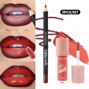 2pcs/Set Velvet Texture Lip Makeup Set | Lip Liner + Lip Glaze Lipgloss Gloss Glossy Matte Long-Lasting Waterproof Effect, Red and Brown Combination, Moisturizing, Hydrate Hydrating and Natural Lip Makeup for All Skin Types Lip Moisturizer Gloss