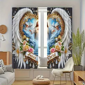2-Piece Catholic God Printed Curtains - Easy Installation Rod Pocket Style, Polyester Fiber, Suitable for Living Room, Bedroom, etc. - Unique Home Decoration, Living Room Curtains
