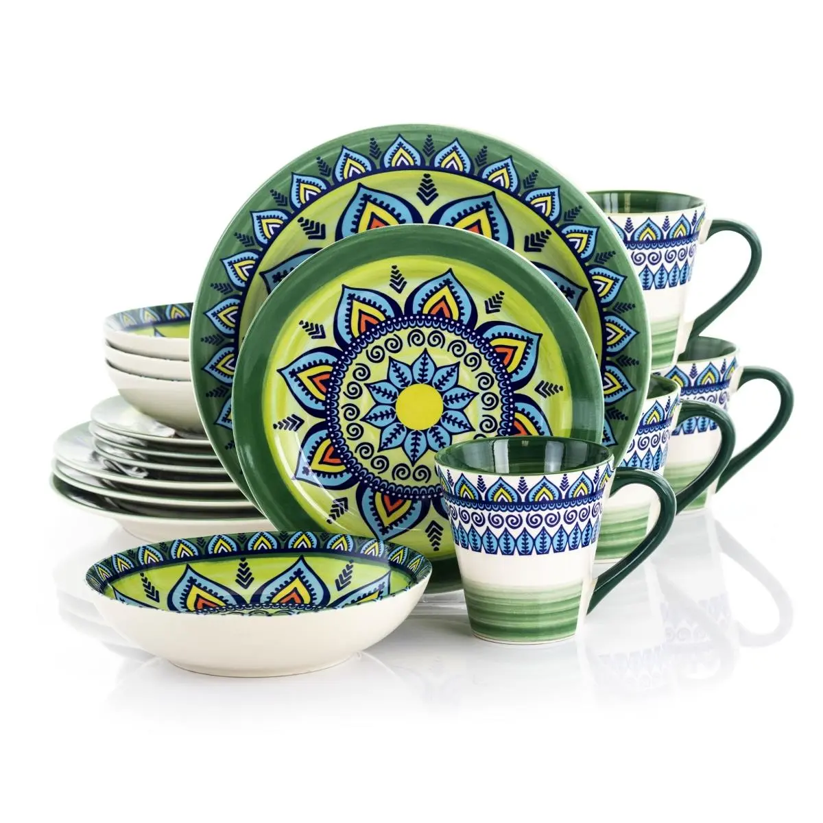 212 MAIN Bohemian Colorful Stoneware Tableware Set - 16-Piece, 4-Person Complete Home Setting with Plates, Zen Mosaic Green Dishwasher-Safe Kitchenware for Intimate Meals