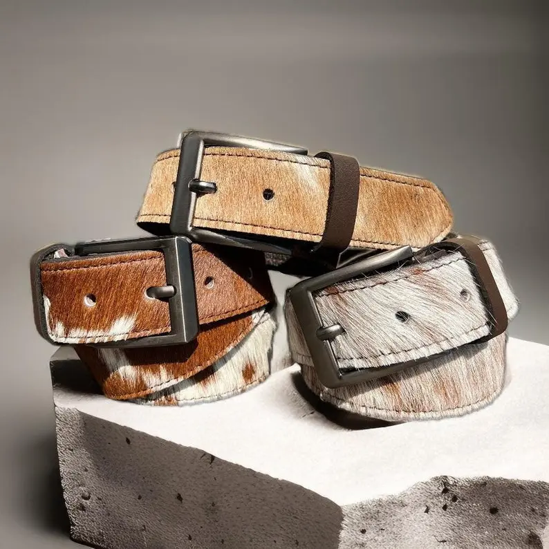 COWHIDE LEATHER BELTS for Men, Women - Genuine Cow hide Belts Real Hair-on Leather Belt for Cowboys, Cowgirls, Western Buckle Natural Print