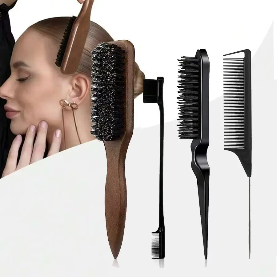 4-Piece Smooth Back Hair Brush Set, Slick Back Brush, Soft-Bristle Beard Brush and Edge Brush for Trimming Hair Edges, Luster for All Hair Types, Restoring Shine and Texture, Includes Hair Clip, Styling Comb, With Brush, Soft Bristle Brushes