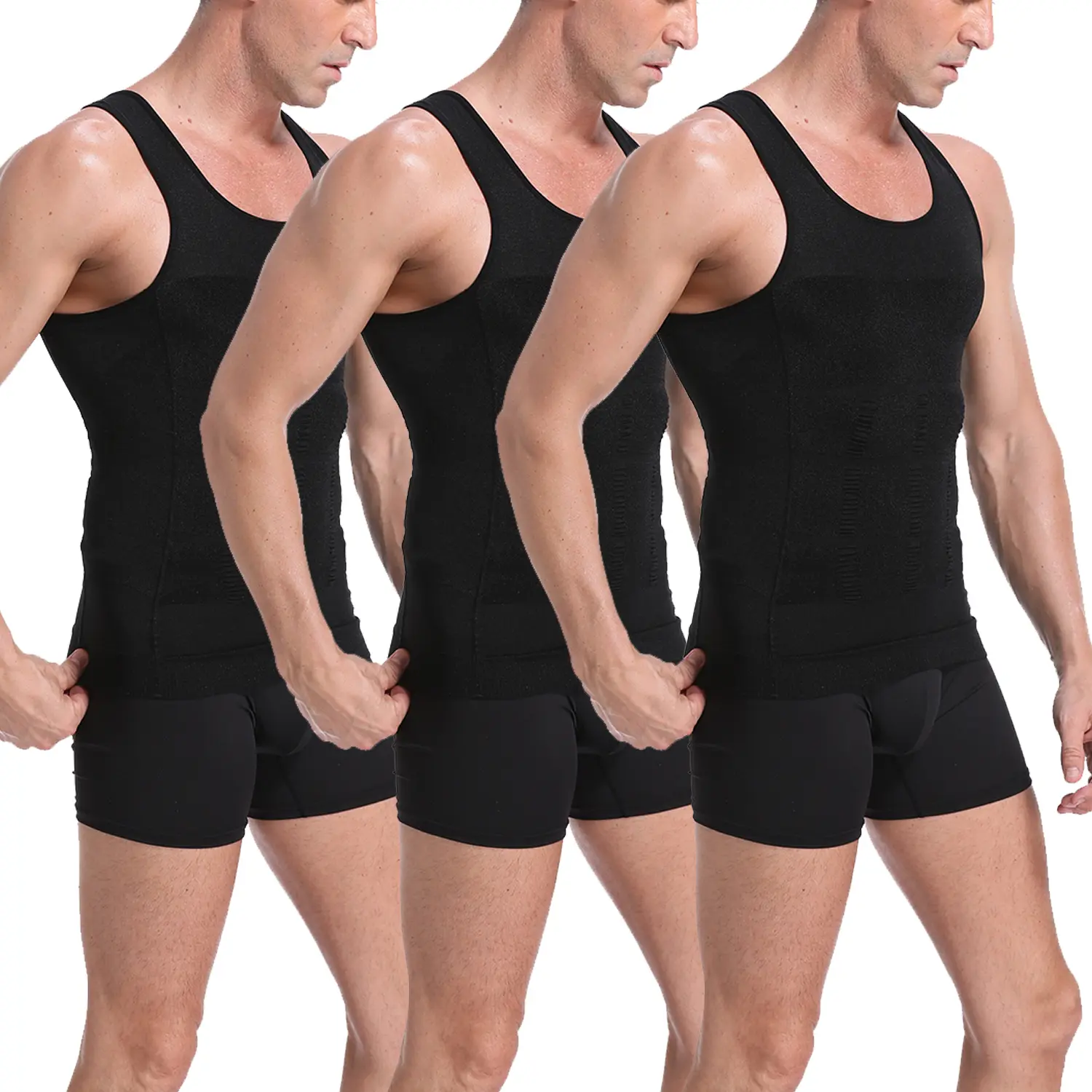 Men's 3-Pack Slimming Compression Shapewear Tank Tops - Waist Trainer Vest, Undershirts, Dress Fabric, Shapewear That Doesn't Show for Workouts, Stylish, Clothes, Breathable