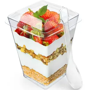 50 Pack 5oz Clear Food Grade Plastic Dessert Cups with Lids and Spoons | Small Square Mini Appetizer Cups - Perfect for Yogurt Parfait, Fruit Party & Individual Mini Dessert Servings