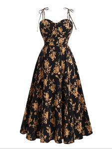 【plus size】 floral print shirred backless tie shoulder cami dress, boho sleeveless spaghetti strap a-line dress for beach holiday vacation, women's clothes for summer, bohemian womenswear, boho printed dress