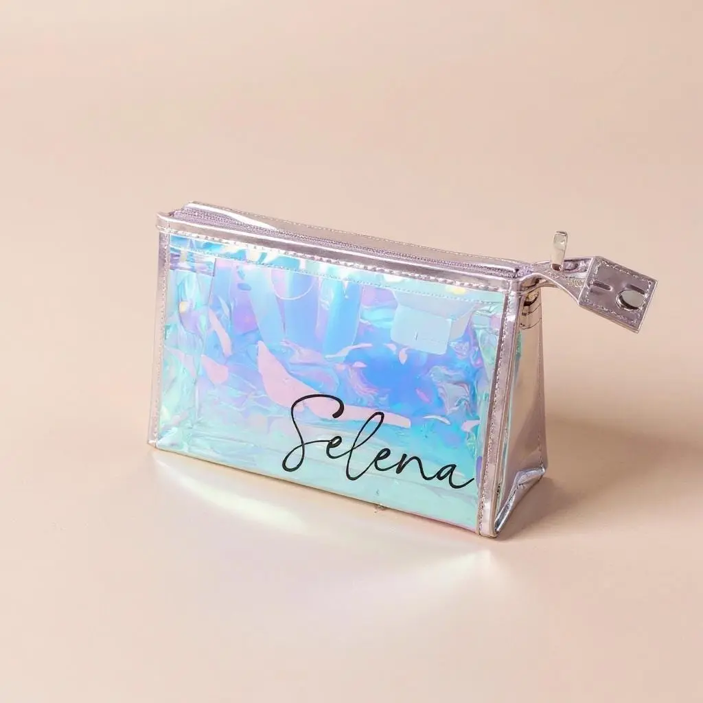 Personalized Holographic Makeup Bag Custom Name Iridescent Cosmetic Pouch Waterproof Travel Toiletry Bag Bridesmaid Gift Beauty Organizer