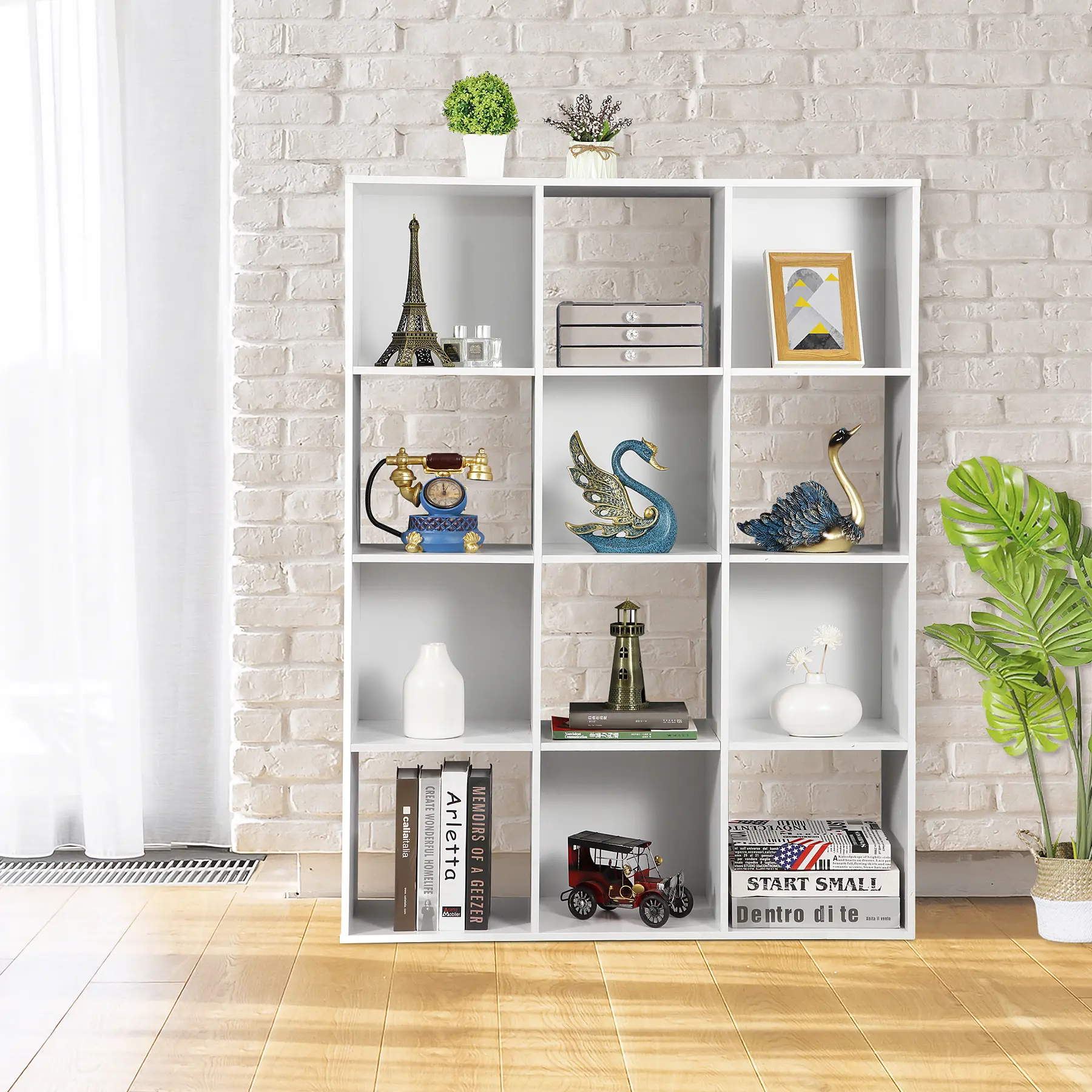 LEMY 12-Cube Wooden Freestanding Storage Rack - Expandable Modular Multi-Functional Organiser Shelves, 47.2 x 11.6 x 35.8 inches, 80lbs Top/30lbs Grid Capacity, Enhanced Style & Structure, Generous Storage, for Living Room Use, Home Office