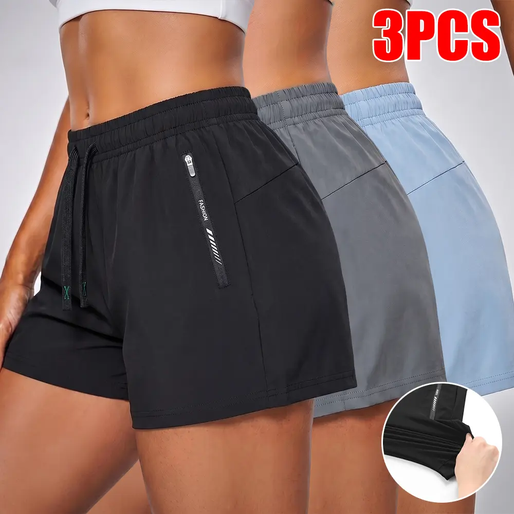 Women's 3 Pack Comfort Fit Athletic Shorts, Quick Dry Elastic Waist Shorts with Zipper Pockets for Gym & Outdoor Activities