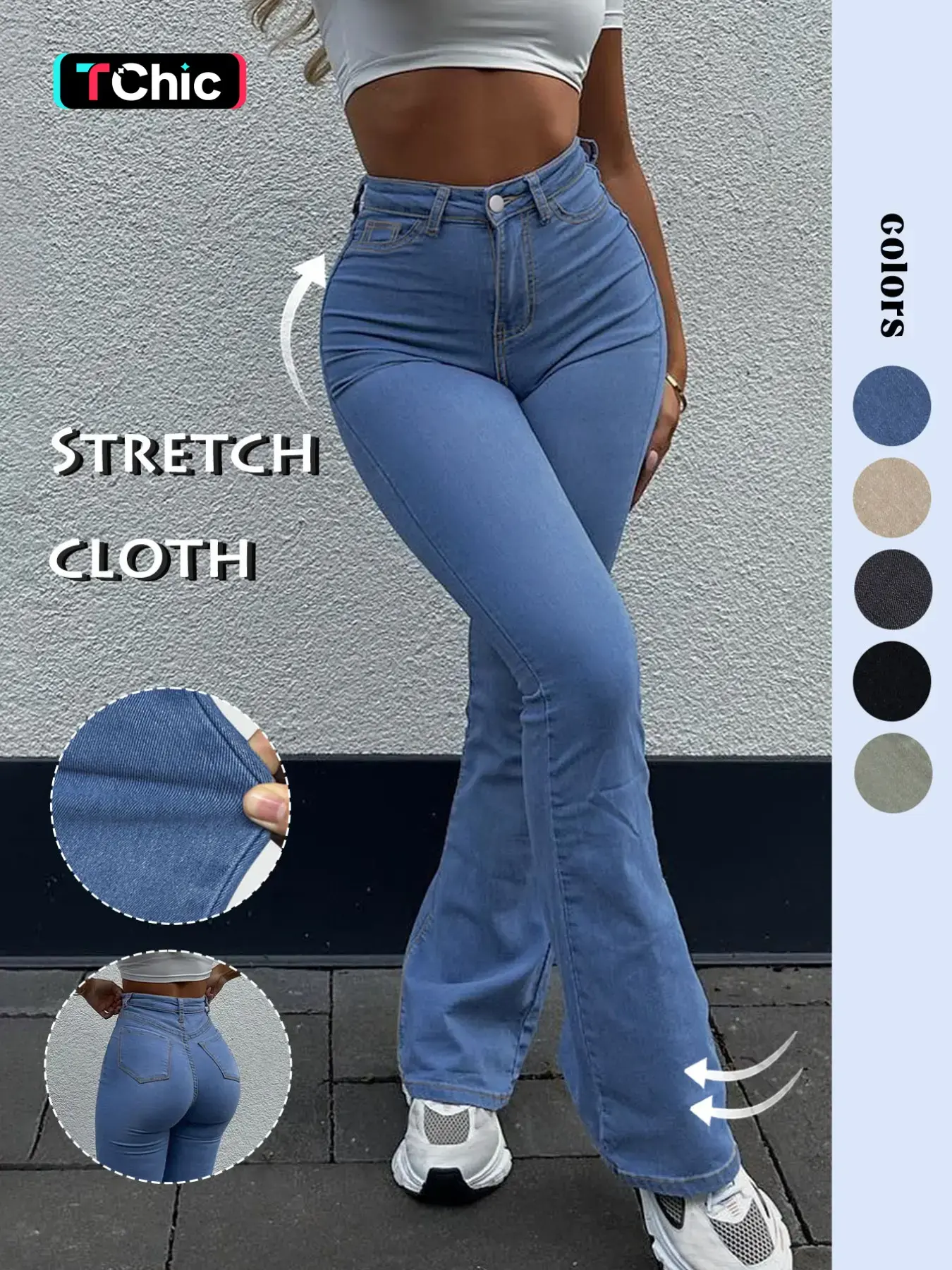 GILIPUR Women's Light Blue Washed High Waist Flare Jeans, Button Closure Slim Fitted Butt Lifting High Stretch Bell Bottom Denim Pants, Casual Design Jeans, Casual Vintage Streetwear Daily Commute Outfits for Women TChic, Flared Streetwear