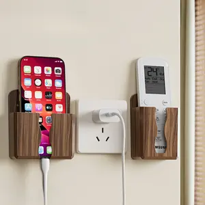No Drill Wall Mount Phone Charger Station Remote Control Organizer Wooden Texture Shelf for Home Office