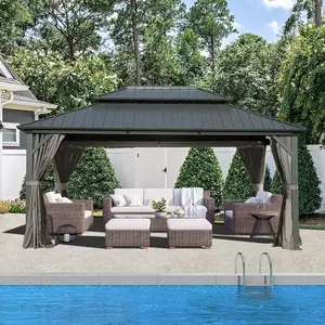 Domi 10'x14' Hardtop Gazebo Canopy Metal,Outdoor Aluminum Gazebo with Galvanized Steel Double Roof,Curtain and Netting,Permanent Gazebo Pavilion for Patio Deck,Backyard