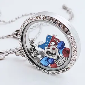 Round Crystal Love Democrat Floating Locket Pendant Necklace Stainless Steel  Mom Gift Fashion Jewelry