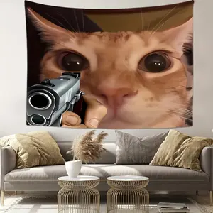 Funny Cat with Gun Tapestry - Animal Print Wall Hanging for Bedroom, Indoor Peach Skin Velvet Fabric, Transverse Woven Polyester Home Decor, Ideal for Dorm & Living Room - Includes Free Installation Kit