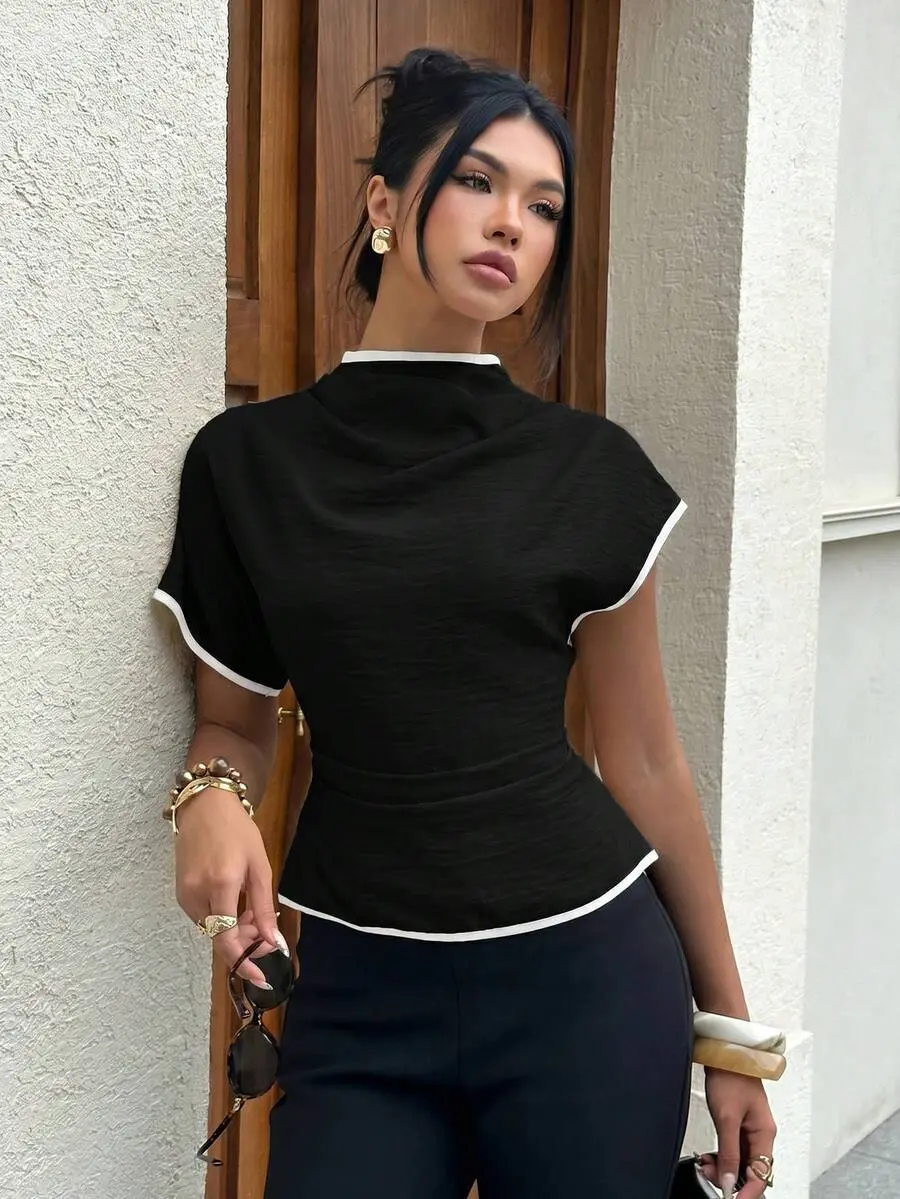 Siren Gaze Wrinkled Collar Asymmetrical Sleeve Side Ruched Cinched Waist Office Wear Bamboo Fiber Fabric Women Shirt, Contrast Color Trim Shirt, All Season