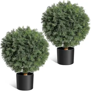 2-Pack Decorative Artificial Cedar Trees Set, 23.6" Tall Handcrafted Wood Topiary Ball Plants, Maintenance-Free Indoor-Outdoor Potted Decor for Garden, Garage