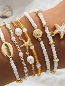 Vintage Shell Bead Bracelet Set 6 Piece, Multi-Layer Teardrop Starfish Accessories, Casual Vacation Fashion Jewelry
