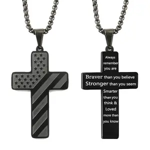 Stylish Cross Necklace with Bible Verse, American Flag Pendant, and Stainless Steel Chain - Ideal Men's Jewelry Gift