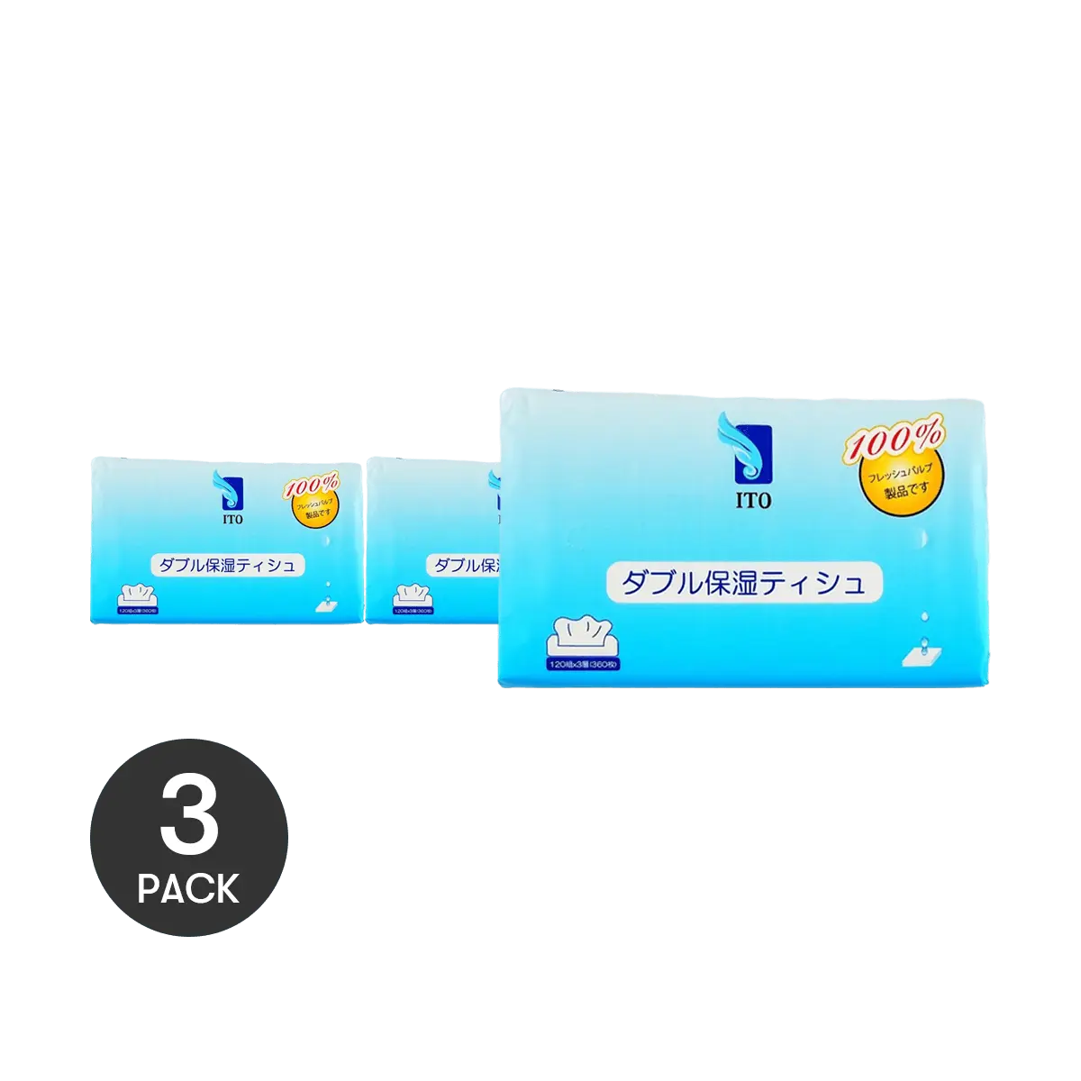 ITO Japan Double Moisturizing Facial Tissues - 100% Virgin Wood Pulp, Fluorescent-Free, Single Use, Gentle Removal Paper Sheet Tissues & Napkins, 120 Pulls x 3 Packs Multipack for Home & Office, Single Use Tissues