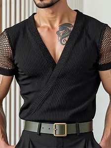 INCERUN Men's Fashion Casual Streetwear Plain Solid Color Short Sleeve Polyester Fabric T-Shirt, Asymmetrical Neck Design Patchwork Mesh Top, Summer Daily Wear, Casual Style Tee, Menswear