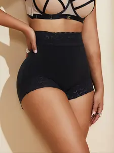 Women's Solid Contrast Lace High Waist Shapewear Shorts, High Waisted Shapers, Minimalist Tummy Control Shaper for Daily Wear, Ladies Shapewear Bottoms