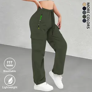 Women’s athletic casual cargo pants—lightweight and breathable, featuring a stylish pocket design, lettered zipper, and drawstring elastic waistband. Casual outdoor long pants suitable for jogging outdoors and everyday wear.