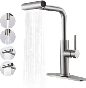Waterfall Kitchen Faucet with Pull Down Sprayer, 4 Modes (Sweep/Stream/Waterfall/Spray), 360 Swivel Stainless Steel Kitchen Sink Faucet Single Lever Handle Brushed Nickel Sink Faucet
