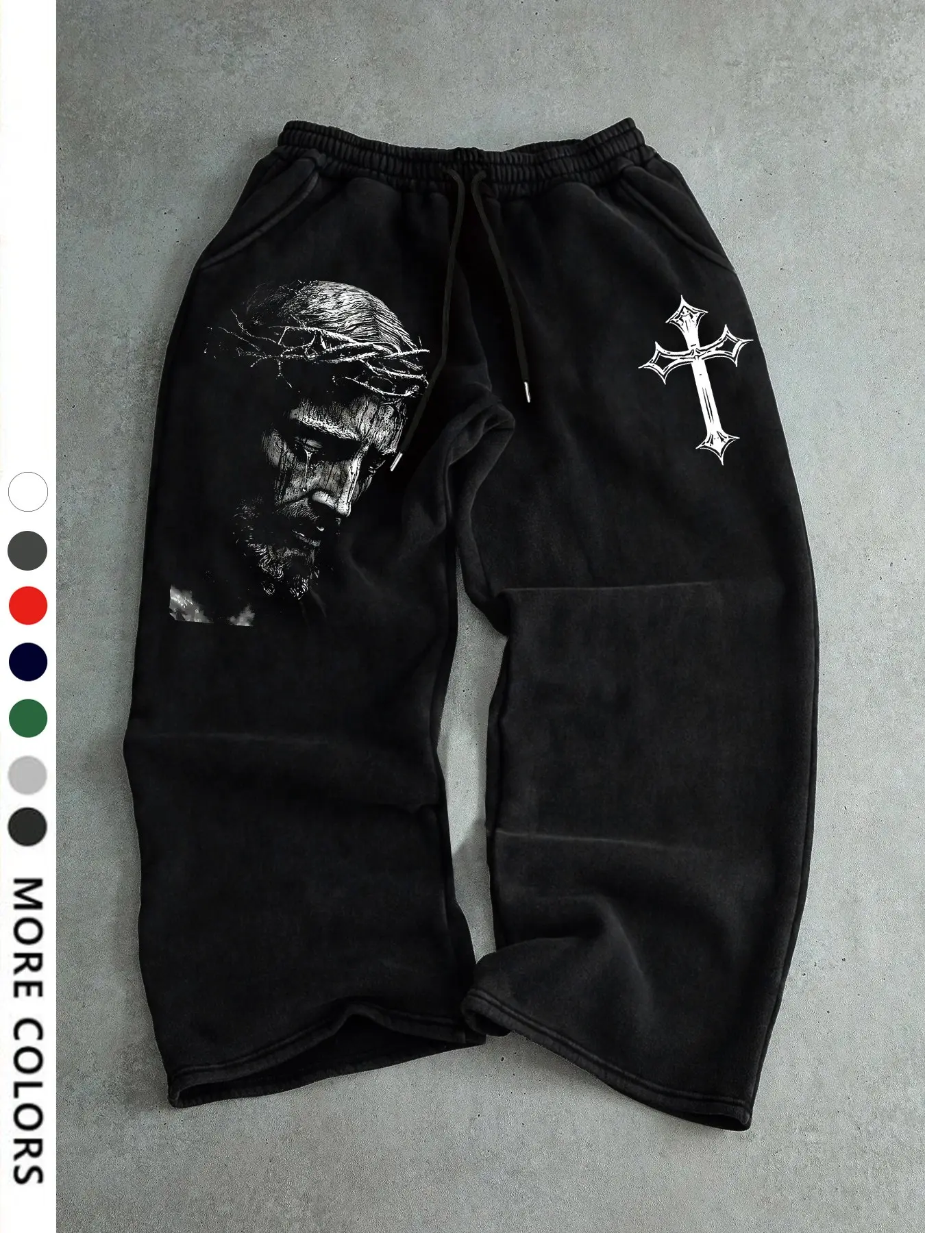 Men's Casual Sporty Long Pants, Jesus & Cross Pattern Print, Drawstring Wide Leg, Loose Fit, All Seasons, Natural Waist, Graphic Print Adjustable Drawstring Sweatpants, Casual Sportswear Pants