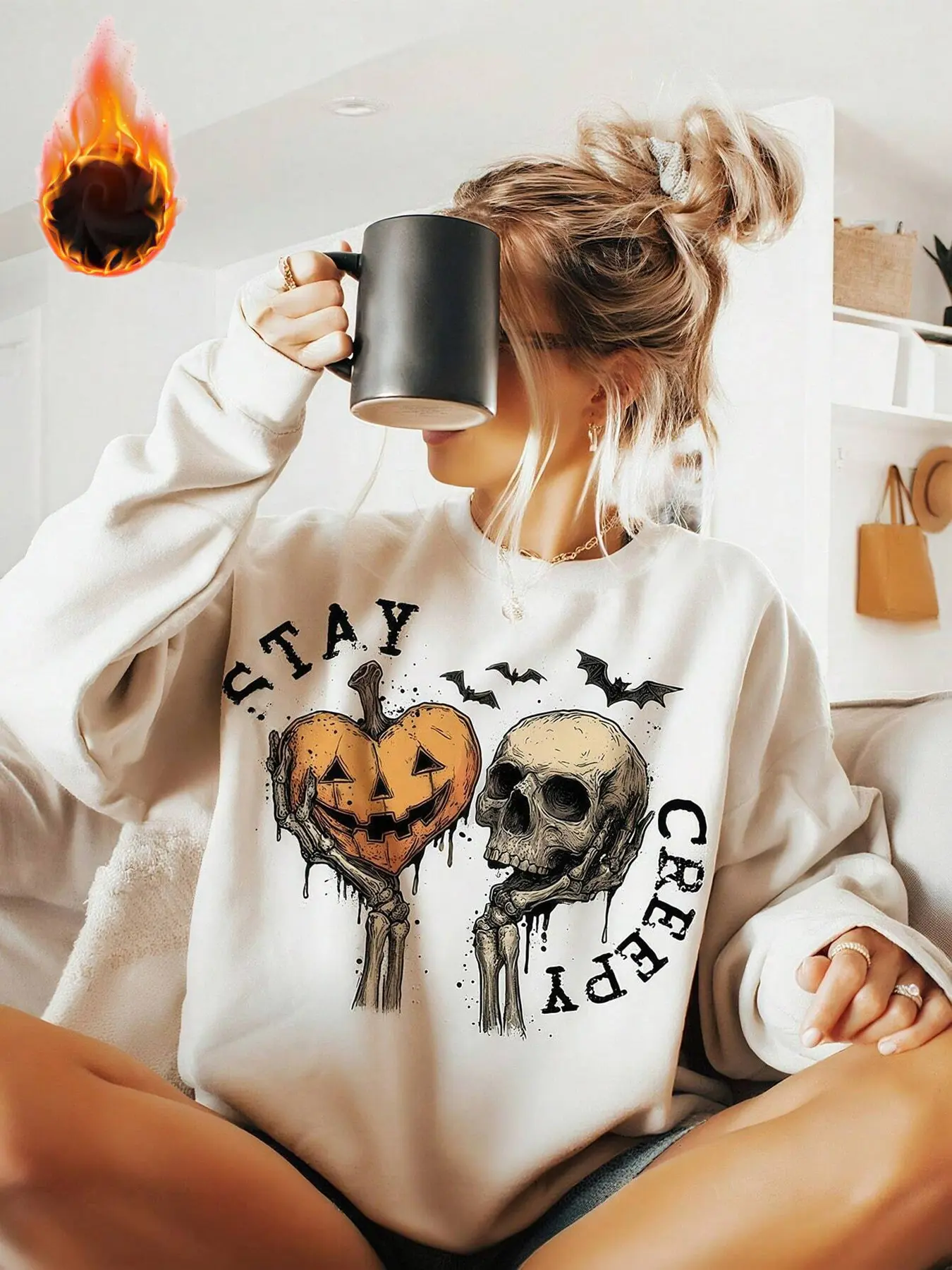 Halloween Women's Pullover Sweater, Long Sleeve, Skull Pumpkin Bat Print, Drawstring Drop Shoulder Design, Casual Loose Fit, Perfect Spring & Fall Layering Sweatshirt